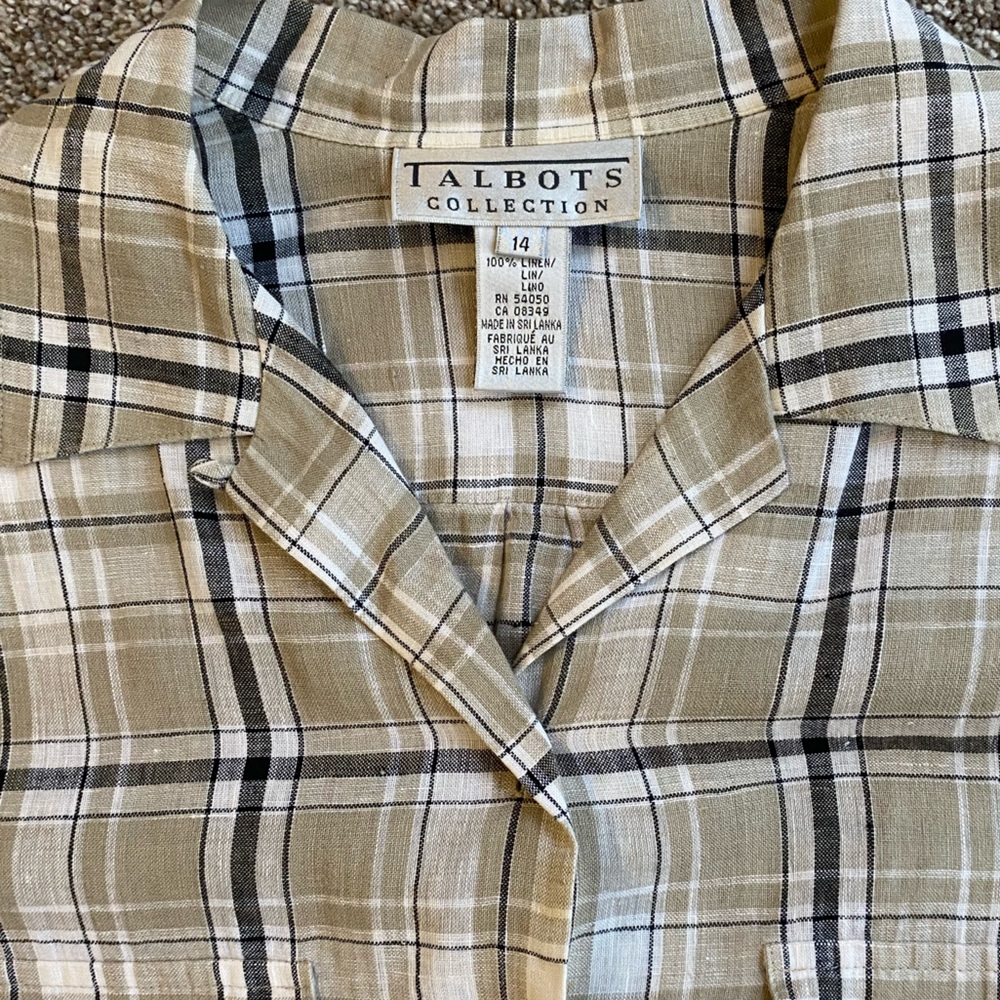 Talbots Collection Women’s size 14 Tan White Plaid 100% Linen Shirt